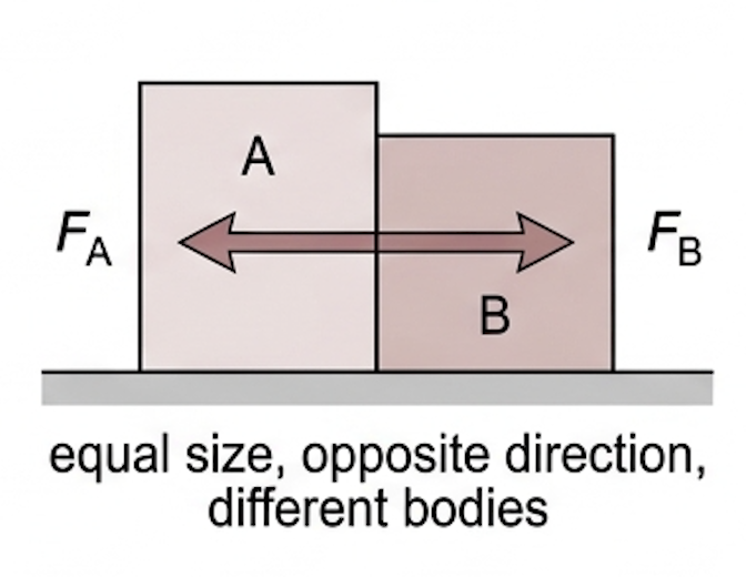 F<sub>A</sub> = −F<sub>B</sub>: equal, opposite, on different bodies.