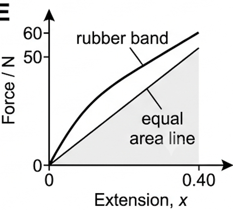 Force against extension graph for a rubber band, a curved blue line to 60 newtons at 0.40 metres with a straight red equal-area line
