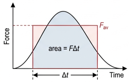 Force against time graph with a curved hump and a red equal-area rectangle of height F average over interval delta t