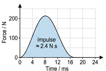 Force against time graph for a tennis ball struck by a racket, peaking at 200 N over about 12 milliseconds